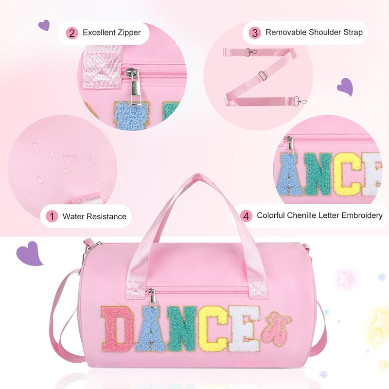 KUIRAN Store Dance Bag for Girls, 23L Waterproof Travel Duffel Bag with Colorful Chenille Letter, Lightweight Small Gym Sport Ballet Bag with Large Main Compartment 15"Lx9"Wx9"H - Light Pink - Image 4